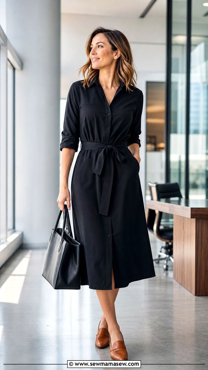 Midi shirt dress and loafers office - 25 Corporate outfit ideas 2026