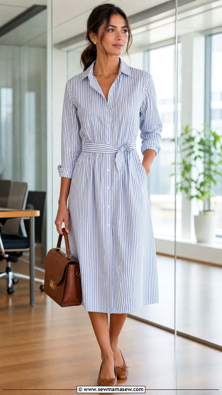 Midi shirt dress office outfit - 30 Stylish office outfit ideas