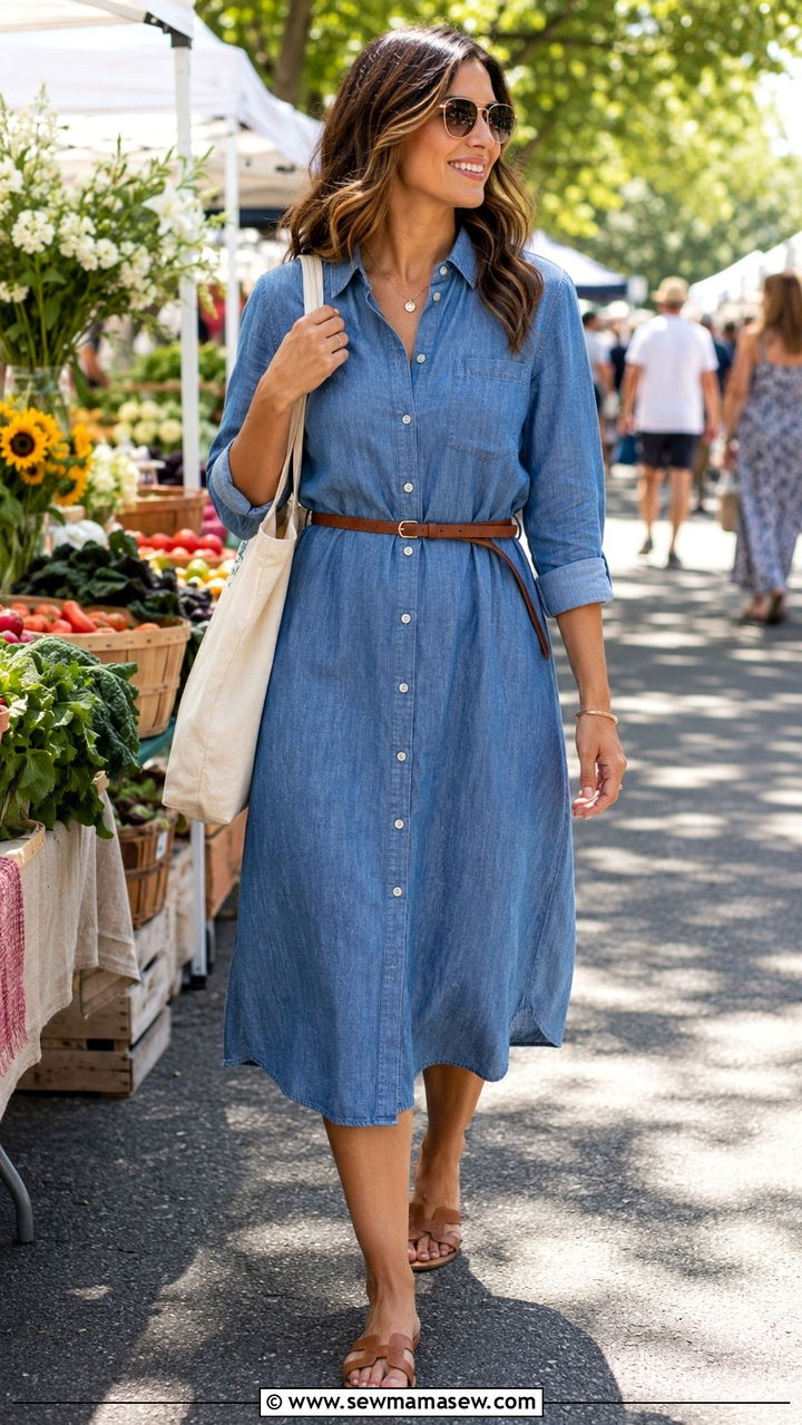 Midi shirt dress with belt and flat sandals - 25 Outfit ideas for wide calves