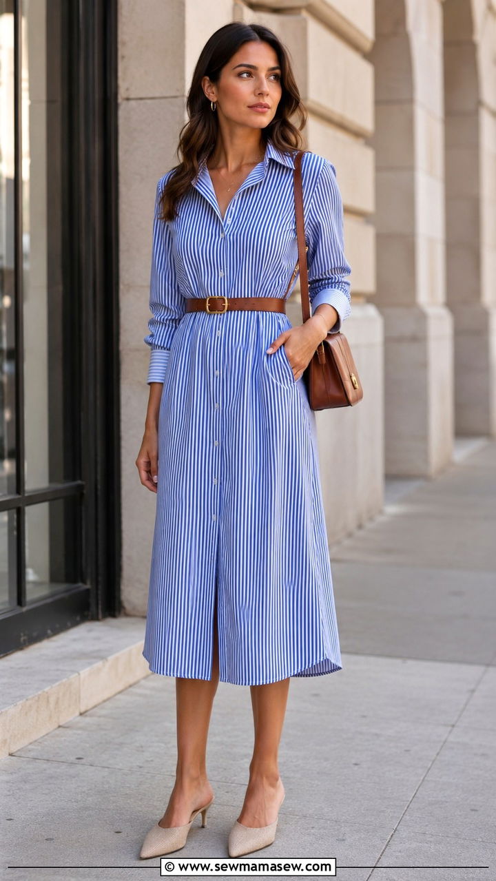 Midi shirt dress with belt and mules outfit - 30 Hot day cool night outfit ideas