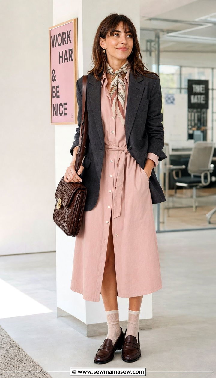 Midi shirt dress with blazer and loafers - 25 Shirt dress outfit ideas with a blazer