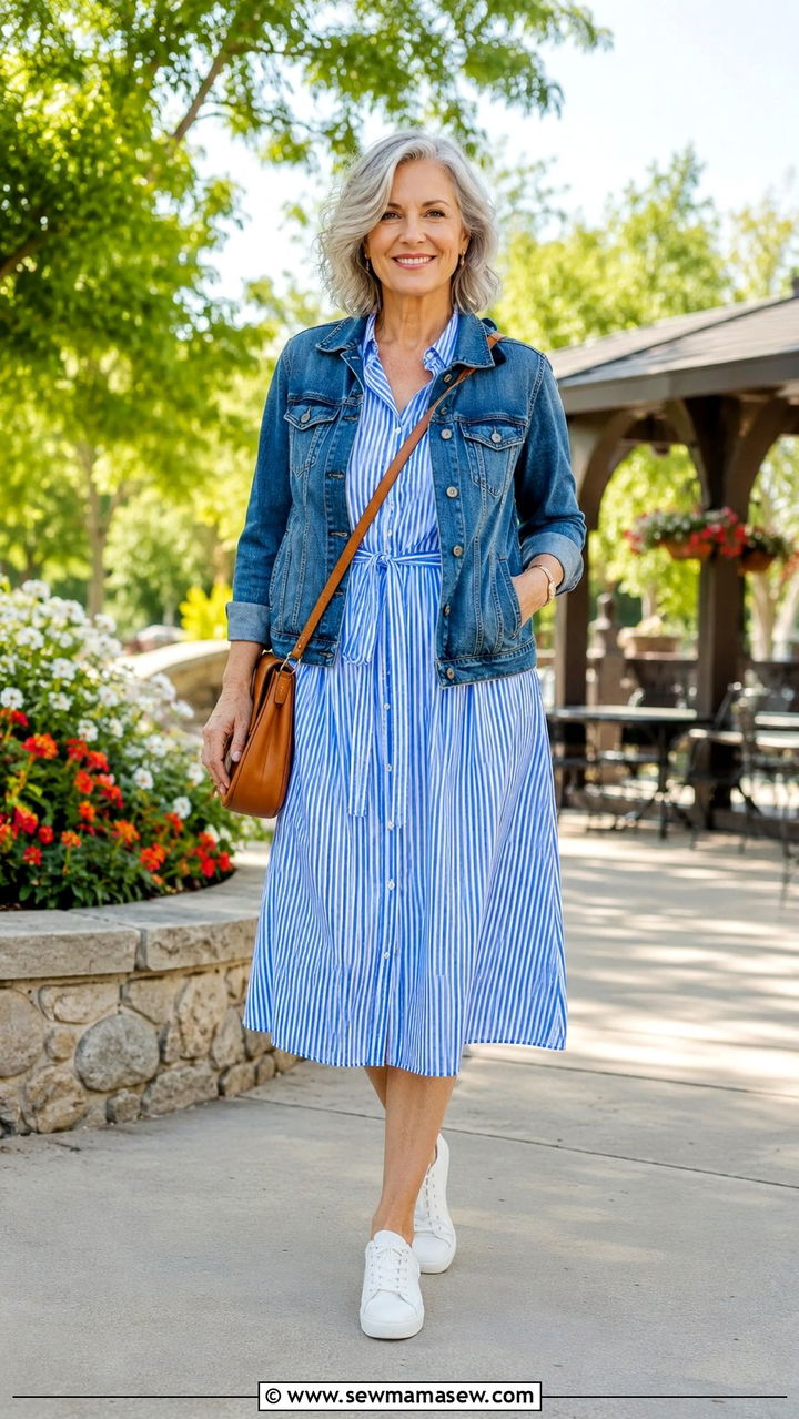 Midi shirt dress with denim jacket and white sneakers - 25 Outfit ideas for women over 50 elevated casual