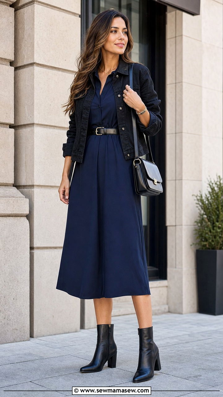Midi shirt dress with denim jacket outfit - 25 Shirt dress outfit ideas with a denim jacket