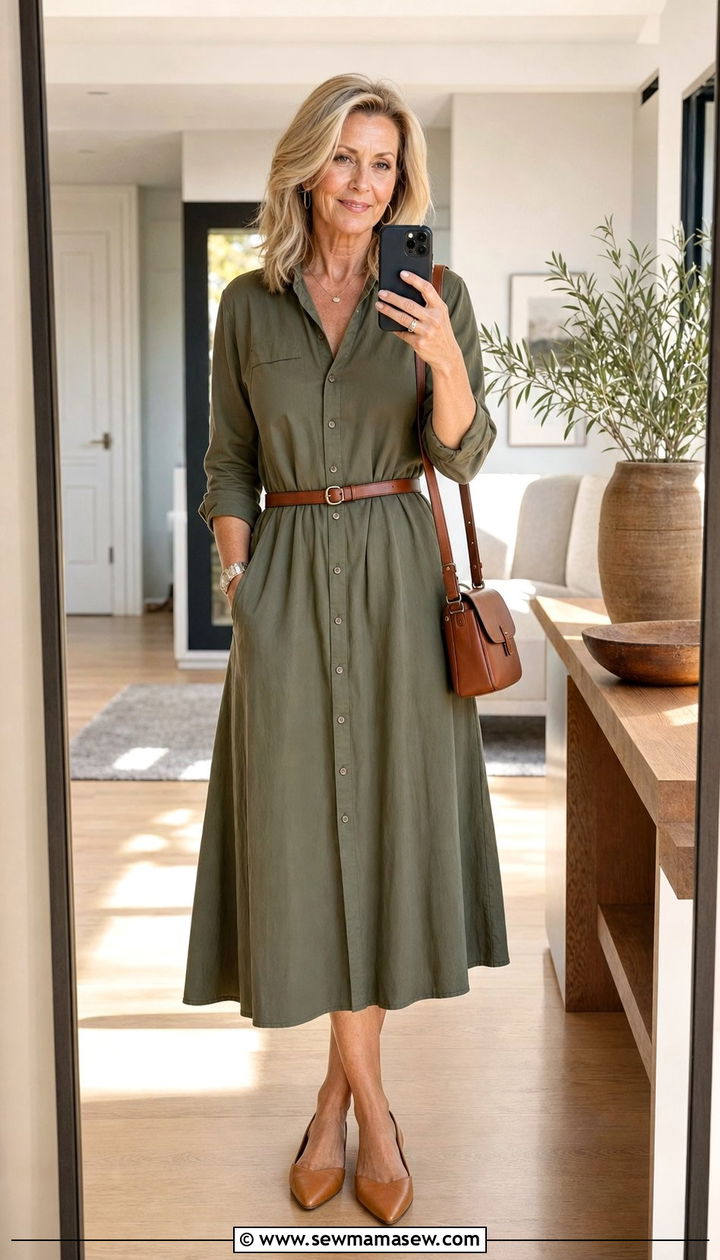 Midi shirt dress with leather belt outfit - 35 Business casual outfits for women over 50