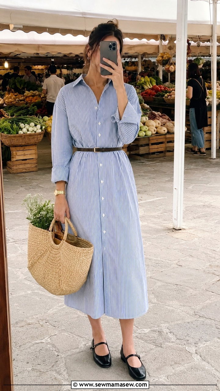 Midi shirt dress with thin leather belt - 25 Old money outfit ideas with Mary Jane flats
