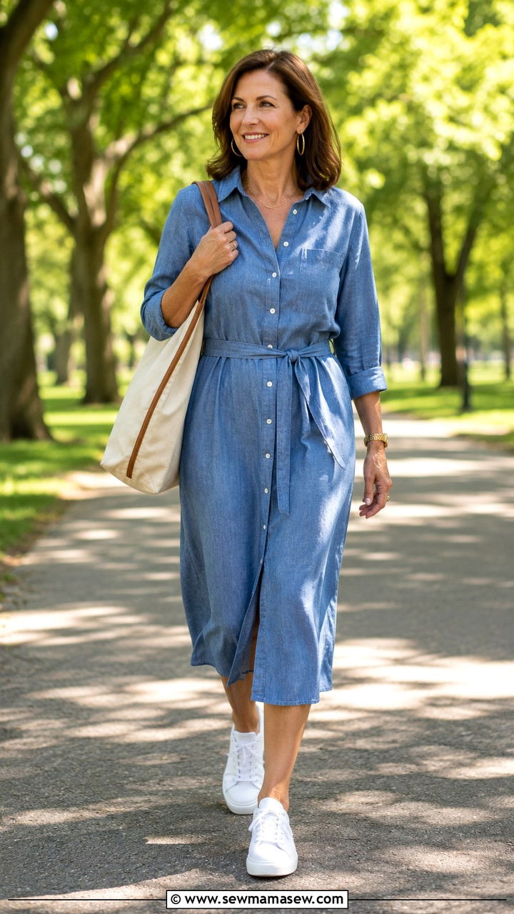 Midi shirt dress with white sneakers over 40 - 25 Outfit ideas for rectangle over 40