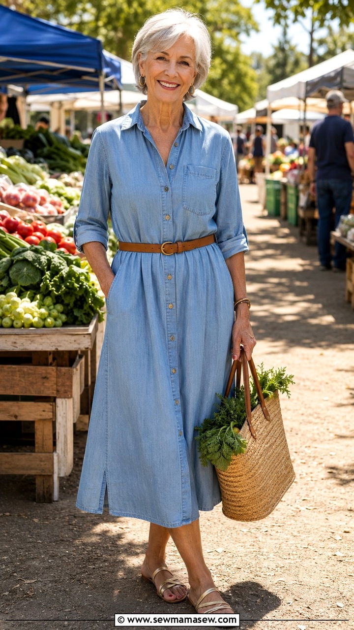Midi shirtdress and flat sandals outfit for women over 65 - 30 Outfit ideas for women over 65