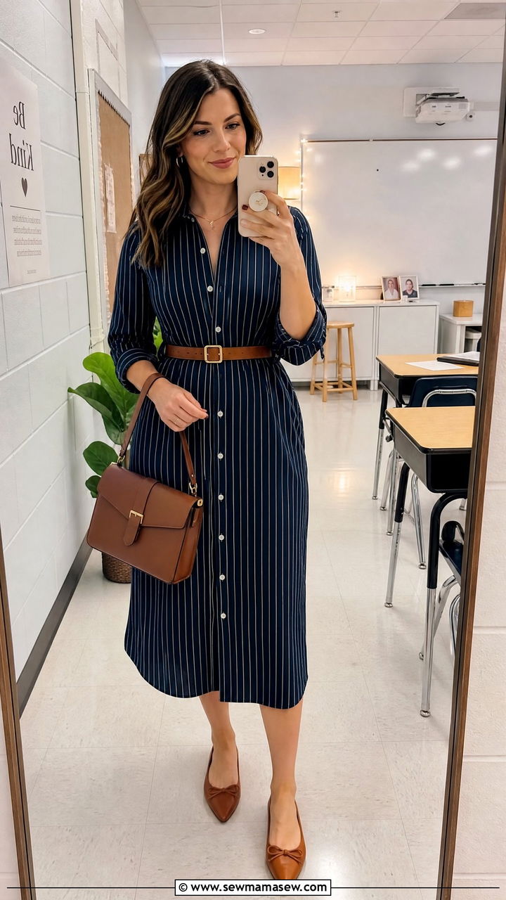 Midi shirtdress with belt and flats - 30 Music teacher outfit ideas