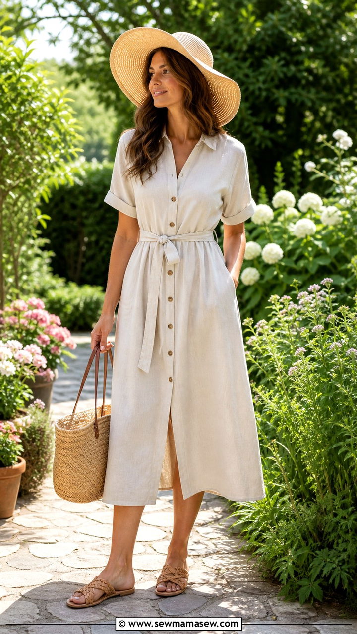 Midi shirtdress with braided sandals and a floppy sun hat - 40 What to wear in Charleston