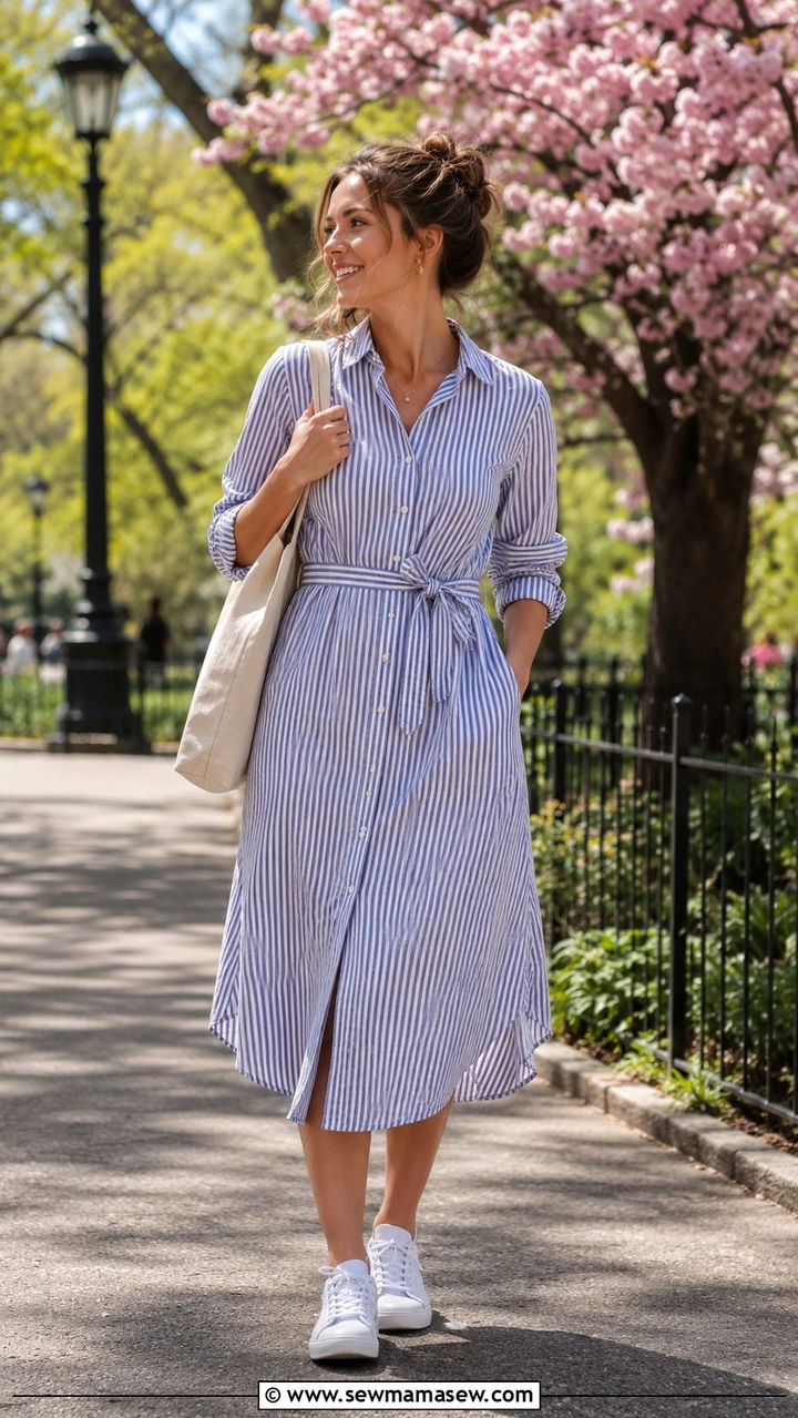 Midi shirtdress with white sneakers outfit - 30 Spring outfits to hide belly fat