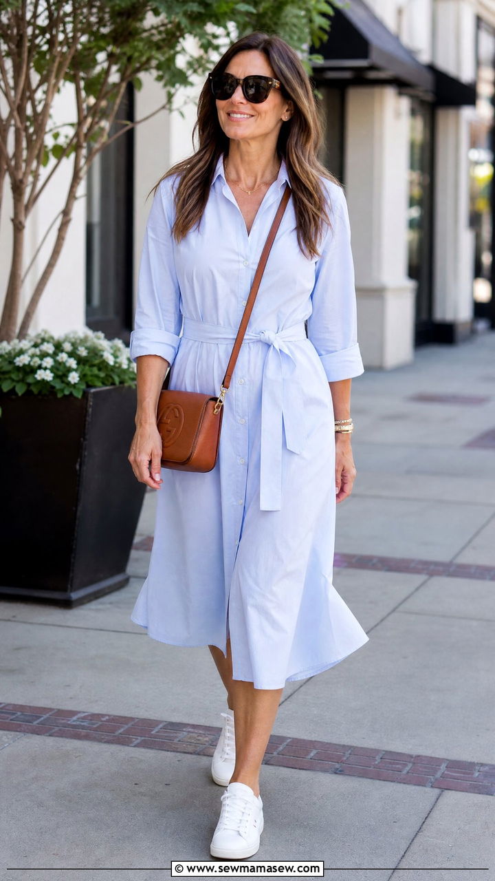 Midi shirtdress with white sneakers - 30 midi dress outfits for women over 40
