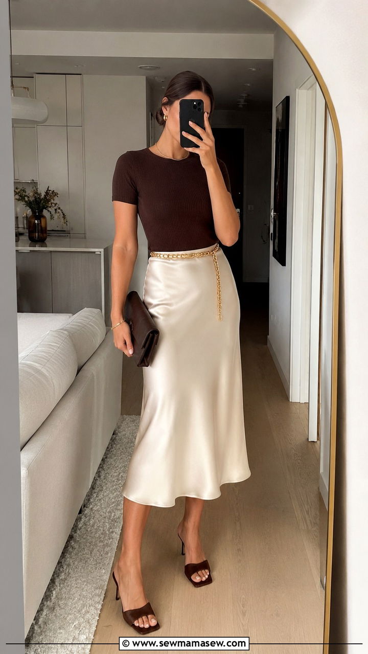 Midi skirt and fitted ribbed tee with heeled mules - 30 How to style a midi skirt in spring