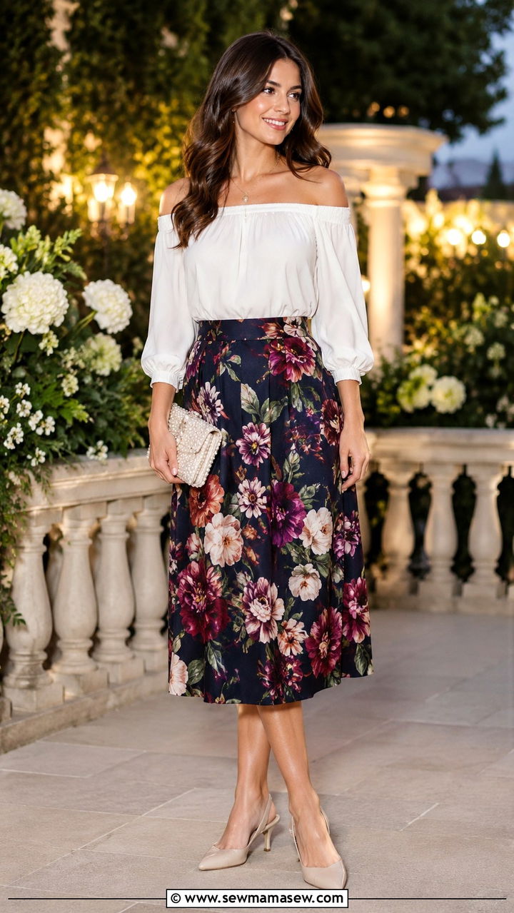 Midi skirt and off shoulder blouse with kitten heels - 30 How to style a midi skirt in spring