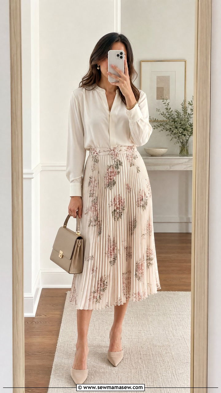 Midi skirt and silk blouse - 25 Work outfit ideas for Thursday