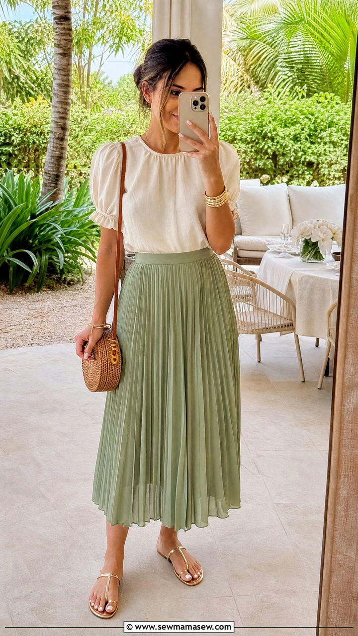 Midi skirt and sleeved blouse modest resort outfit - 30 modest resort vacation outfit ideas