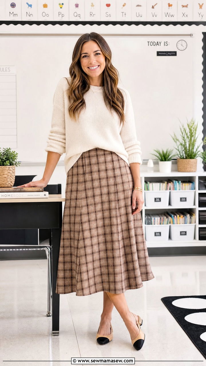 Midi skirt and sweater outfit for teachers - 30 Elementary teacher outfit ideas