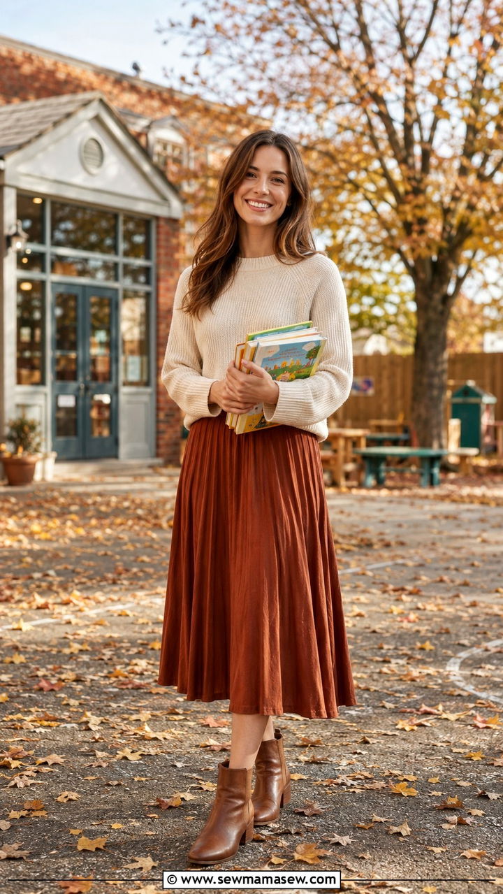 Midi skirt and sweater preschool teacher outfit - 25 Preschool teacher outfit ideas