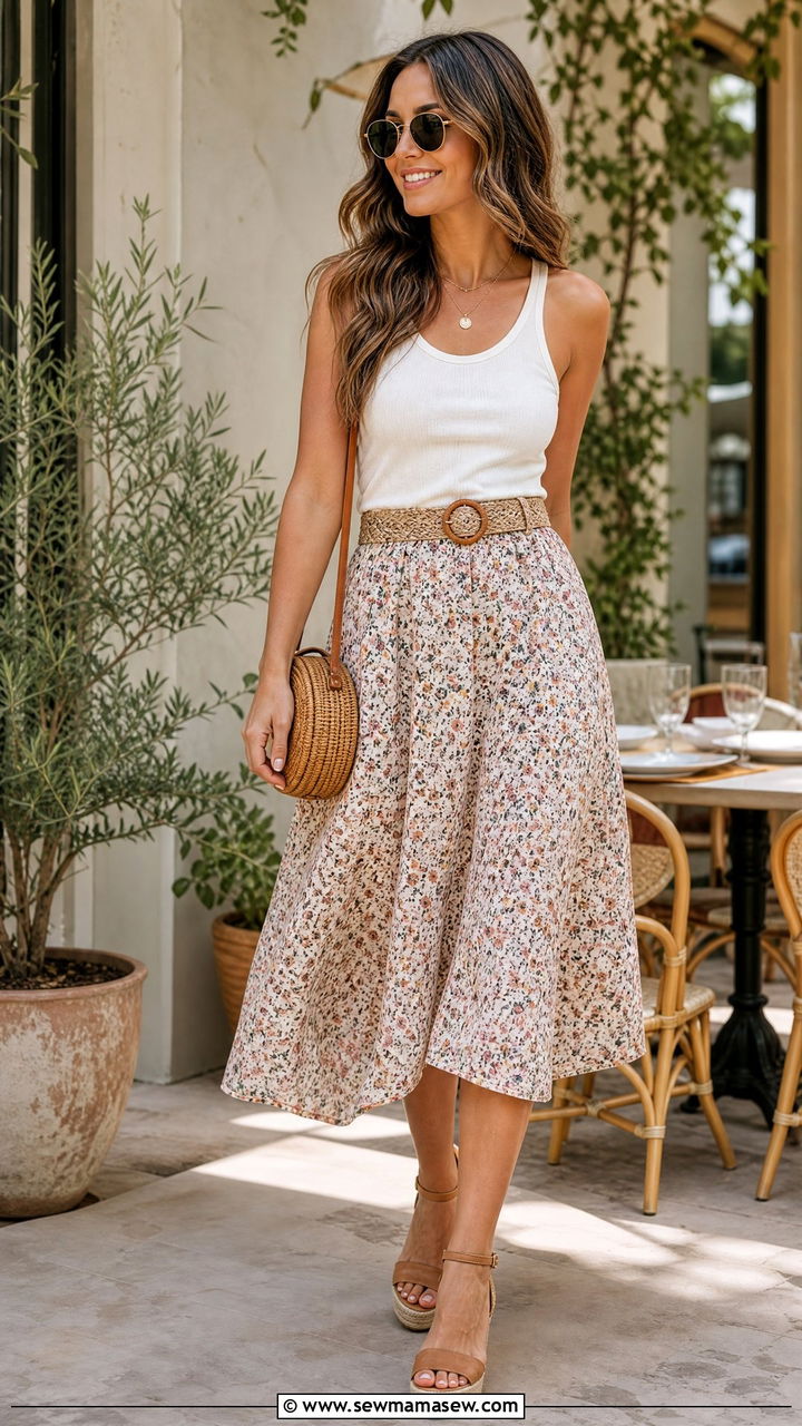 Midi skirt and tank top with wedge sandals - 30 summer outfits with wedge sandals