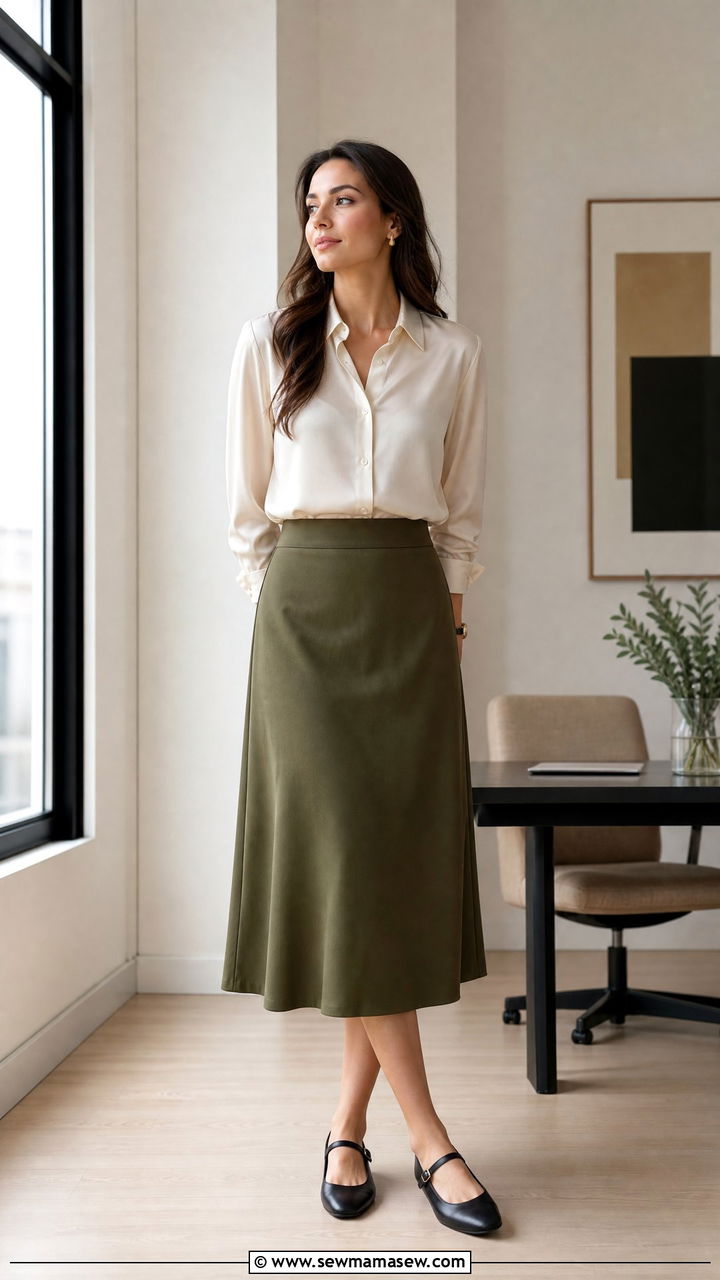Midi skirt and tucked blouse with mary jane flats - 25 Business casual outfits with flats