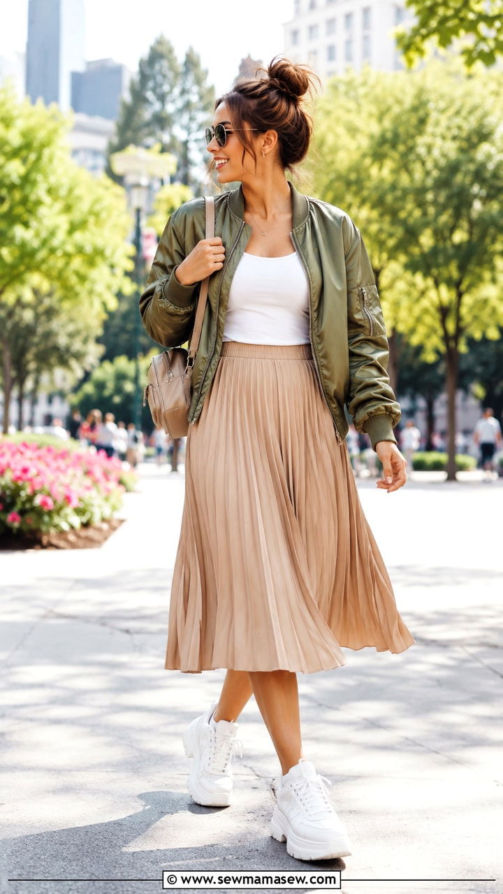 Midi skirt with a bomber jacket and chunky sneakers - 30 How to style a midi skirt in spring