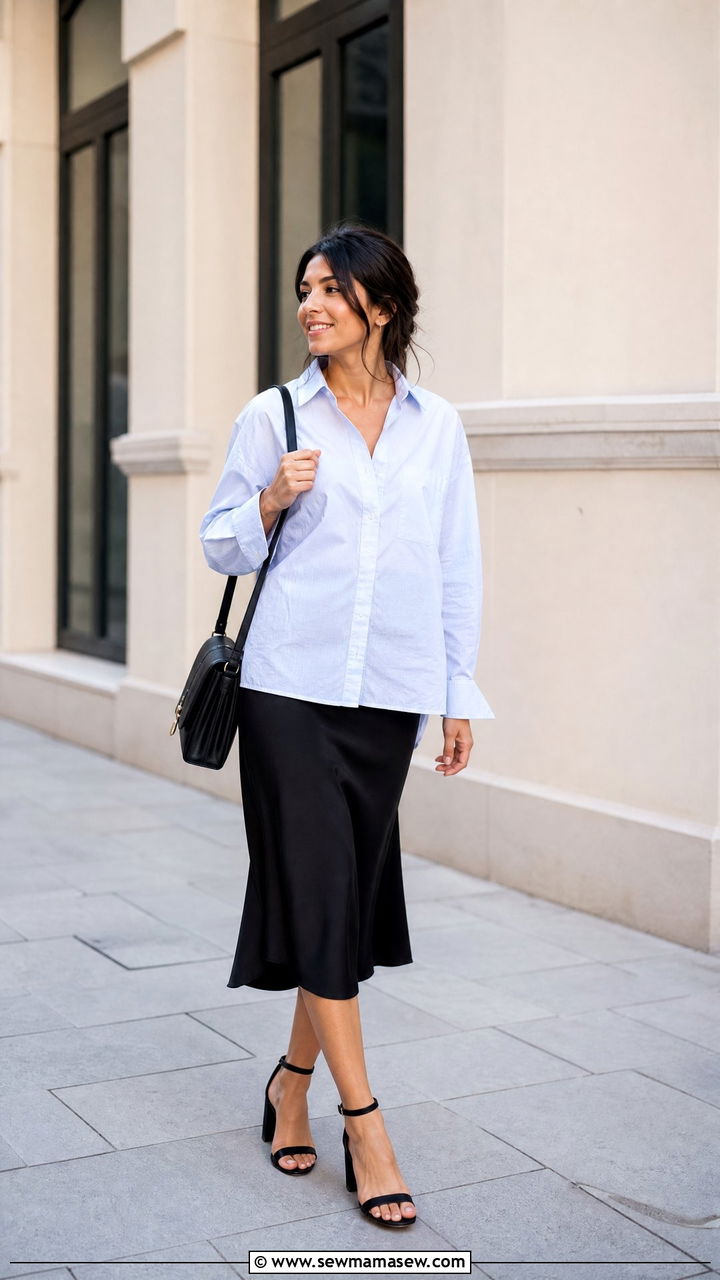 Midi skirt with a button down shirt and ankle strap block heels - 25 Petite outfit ideas to avoid
