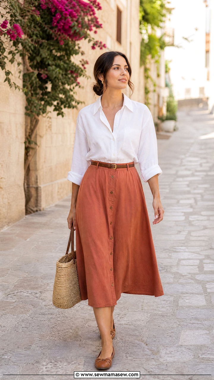 Midi skirt with a button down shirt - 25 Fes outfit ideas