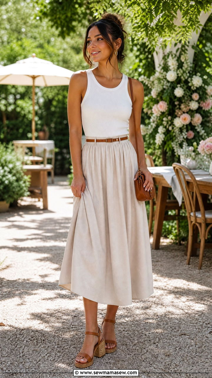 Midi skirt with a sleeveless knit tank - 30 Summer capsule wardrobe over 40