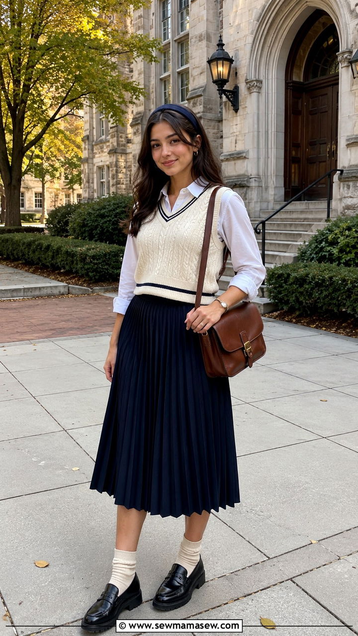 Midi skirt with a sweater vest and loafers - 30 How to style a midi skirt in spring