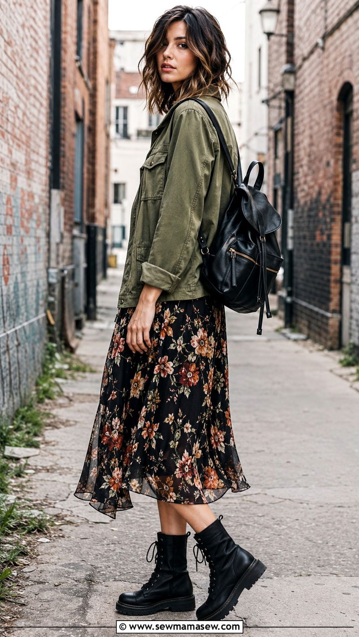 Midi skirt with a utility jacket and combat boots - 30 How to style a midi skirt in spring