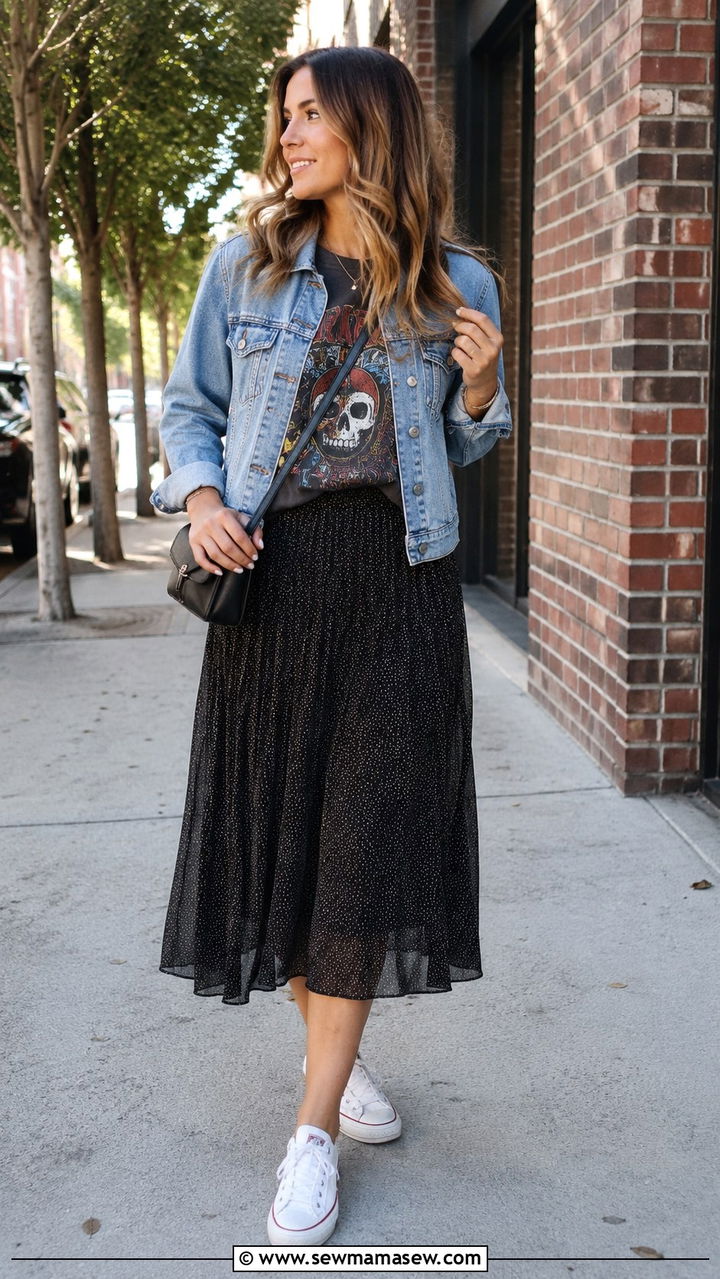 Midi skirt with band tee and cropped denim jacket - 30 modest summer concert outfit ideas