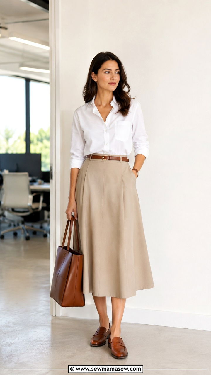 Midi skirt with button down shirt and loafers - 30 How to style a midi skirt in spring