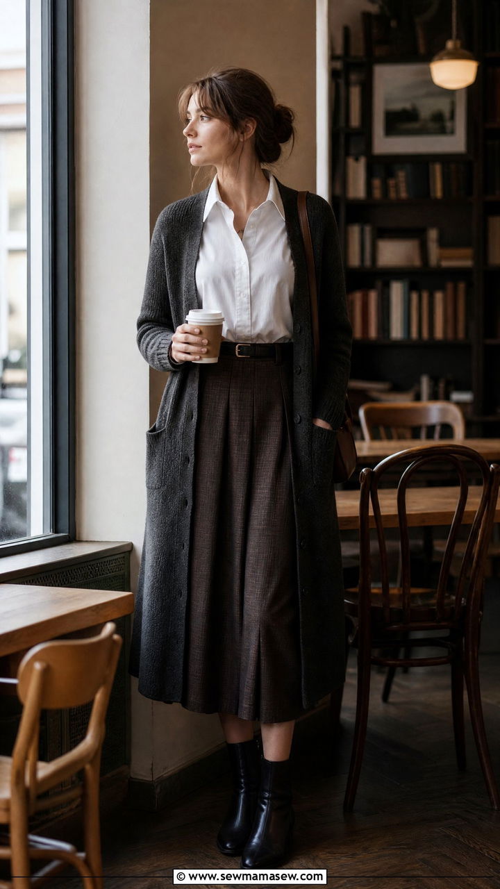 Midi skirt with button up shirt and longline cardigan outfit - 25 classy dark academia outfit ideas