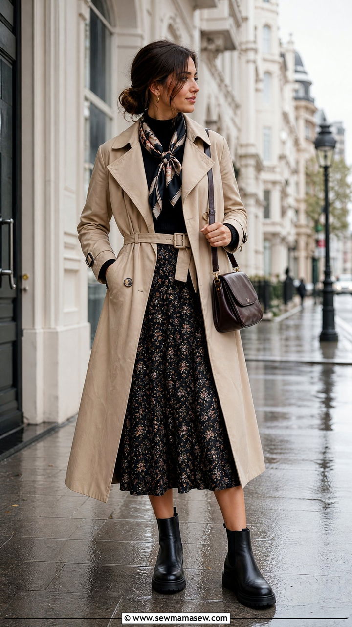 Midi skirt with chunky boots and trench coat - 30 Cozy rainy day outfit ideas