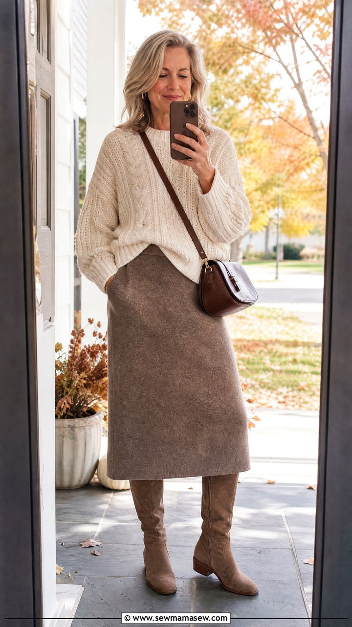 Midi skirt with chunky knit and knee high boots - 20 How to style a midi skirt over 50