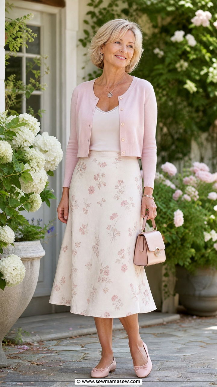 Midi skirt with cropped cardigan and ballet flats - 20 How to style a midi skirt over 50