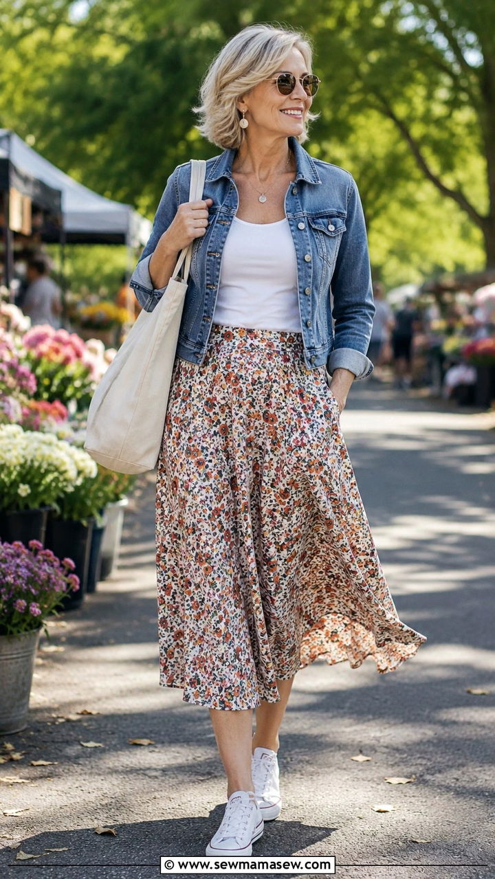 Midi skirt with denim jacket and canvas sneakers - 20 How to style a midi skirt over 50