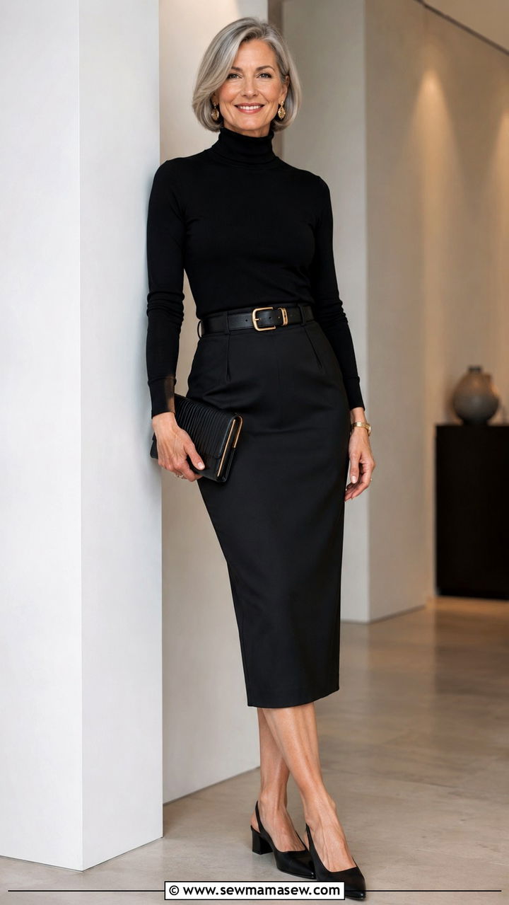Midi skirt with fitted turtleneck and slingback heels - 20 How to style a midi skirt over 50