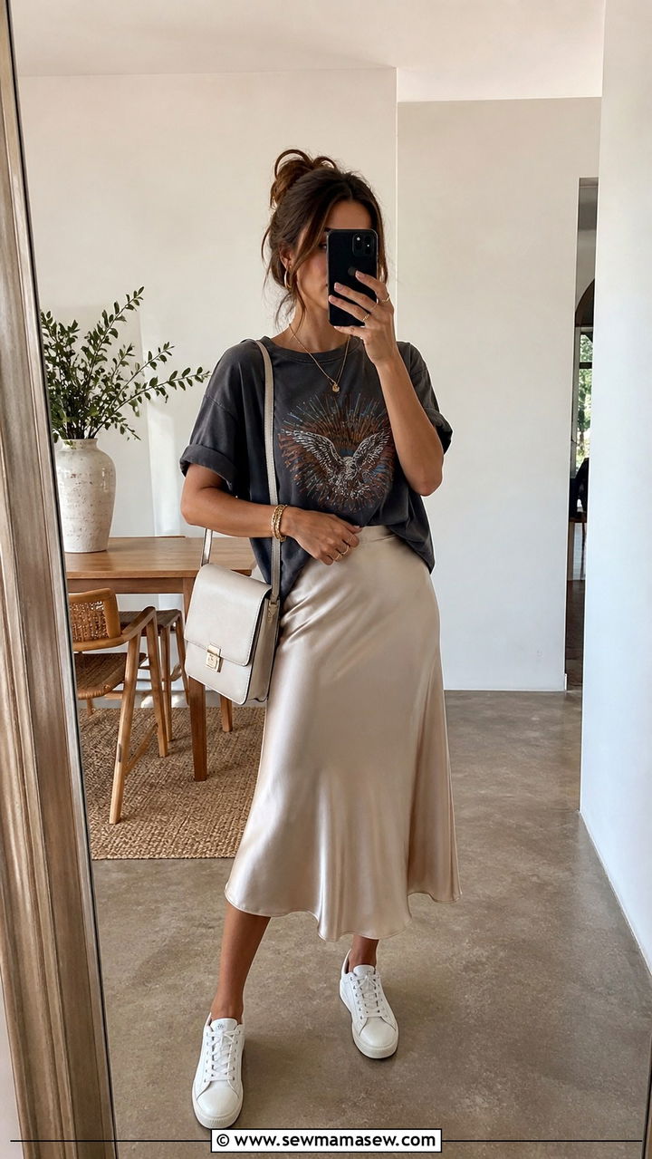 Midi skirt with graphic tee and white sneakers - 40 Chic brunch outfits