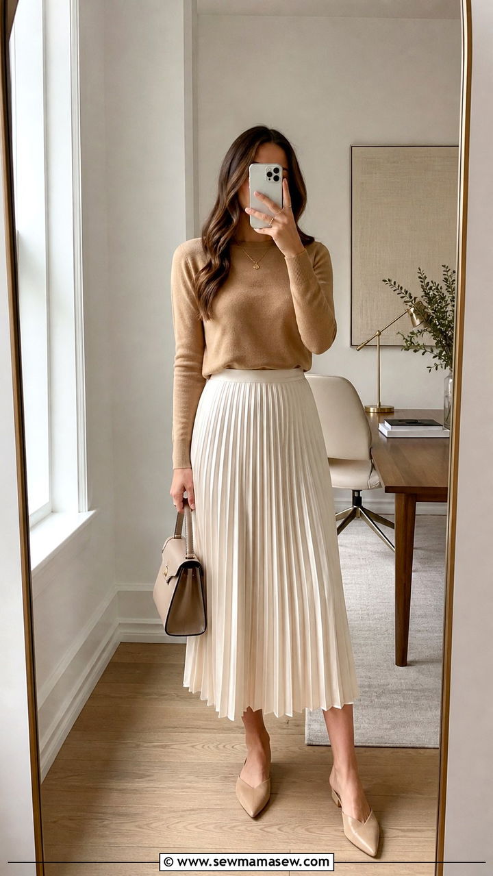 Midi skirt with knit sweater spring office outfit - 40 Spring office outfit ideas