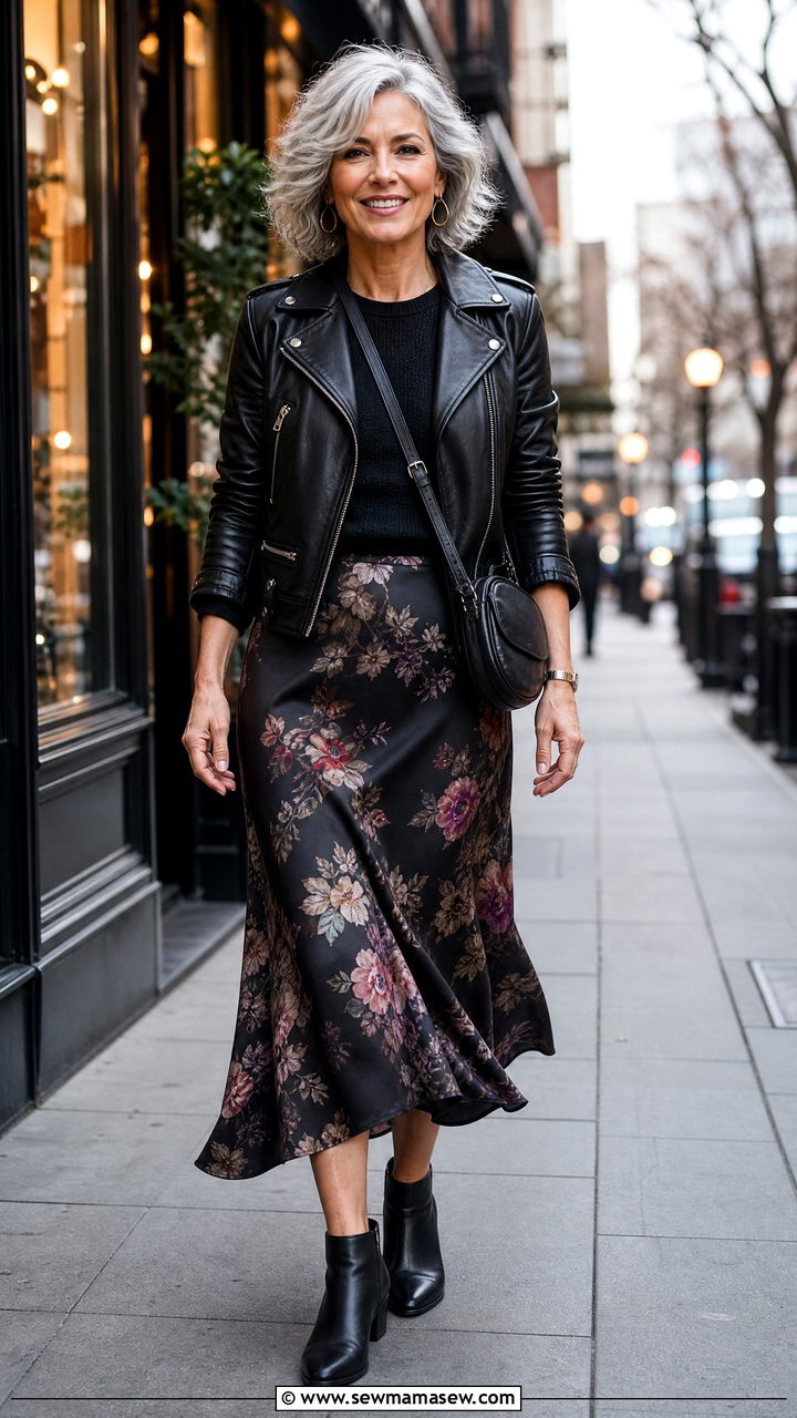 Midi skirt with leather moto jacket and ankle boots - 20 How to style a midi skirt over 50