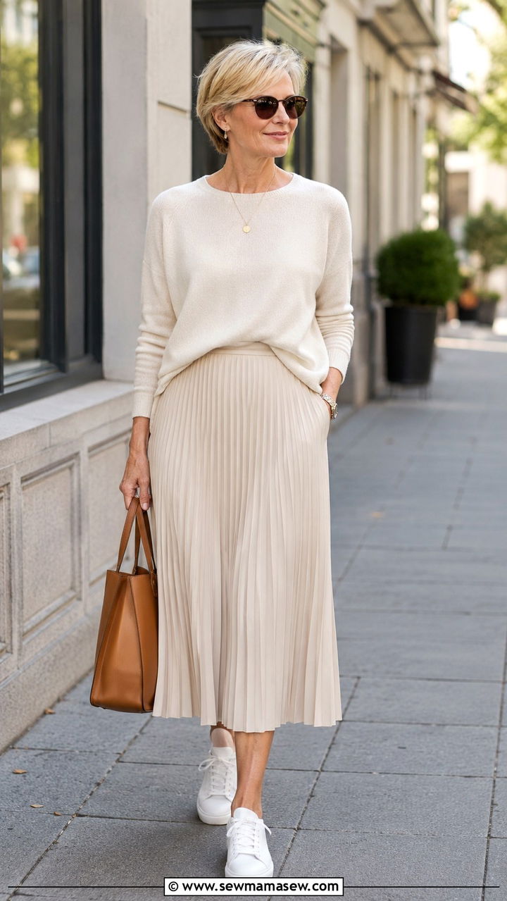 Midi skirt with lightweight sweater and white sneakers - 20 How to style a midi skirt over 50