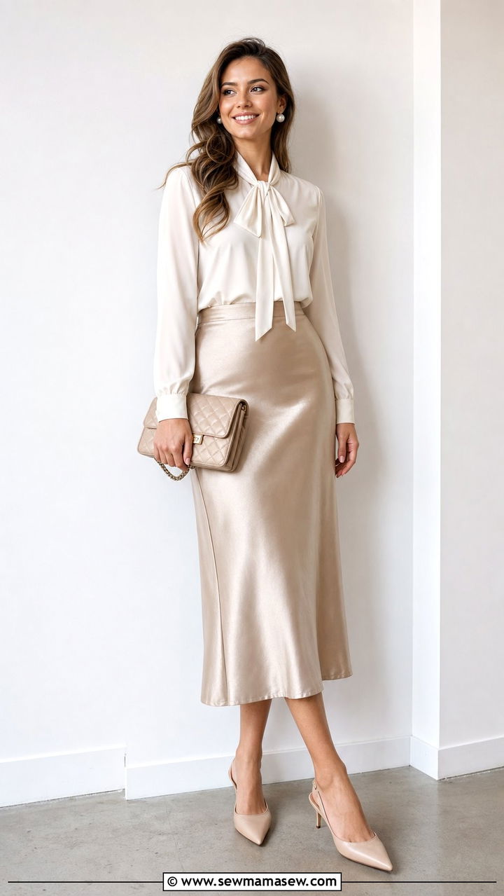 Midi skirt with silky blouse outfit - 35 Business casual outfits for young professionals