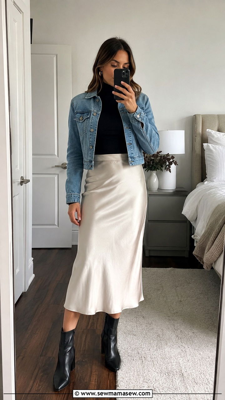 Midi skirt with snug top and jacket - 25 windy day outfits trends