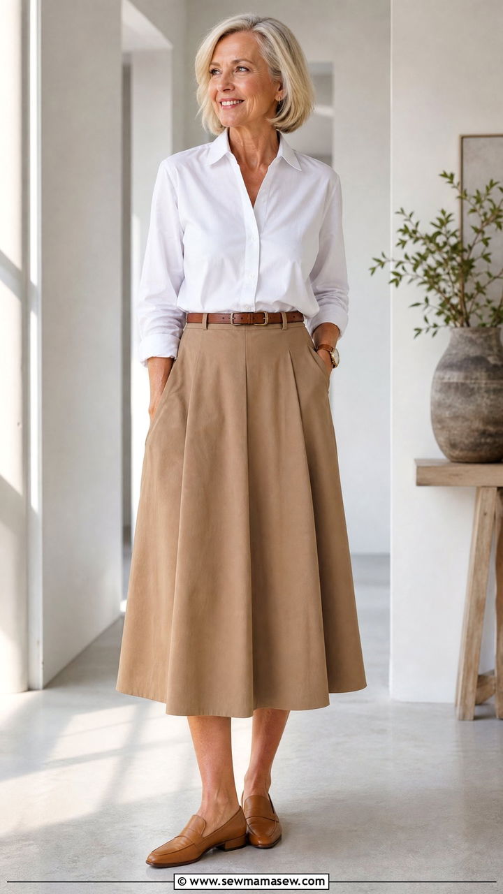 Midi skirt with white button down and loafers - 20 How to style a midi skirt over 50
