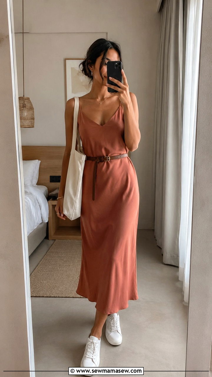 Midi slip dress and white sneakers outfit - 30 Travel capsule wardrobe ideas