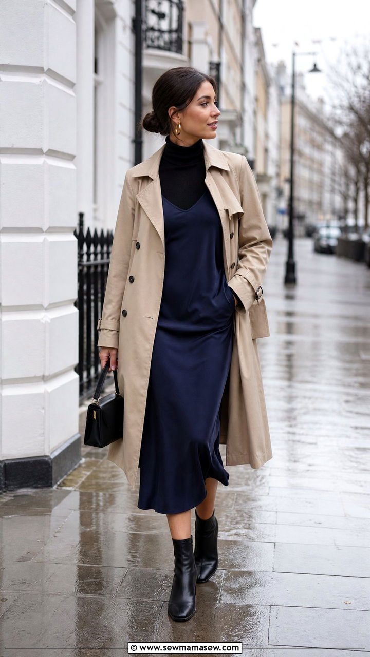 Midi slip dress with ankle rain boots and trench - 30 Cozy rainy day outfit ideas