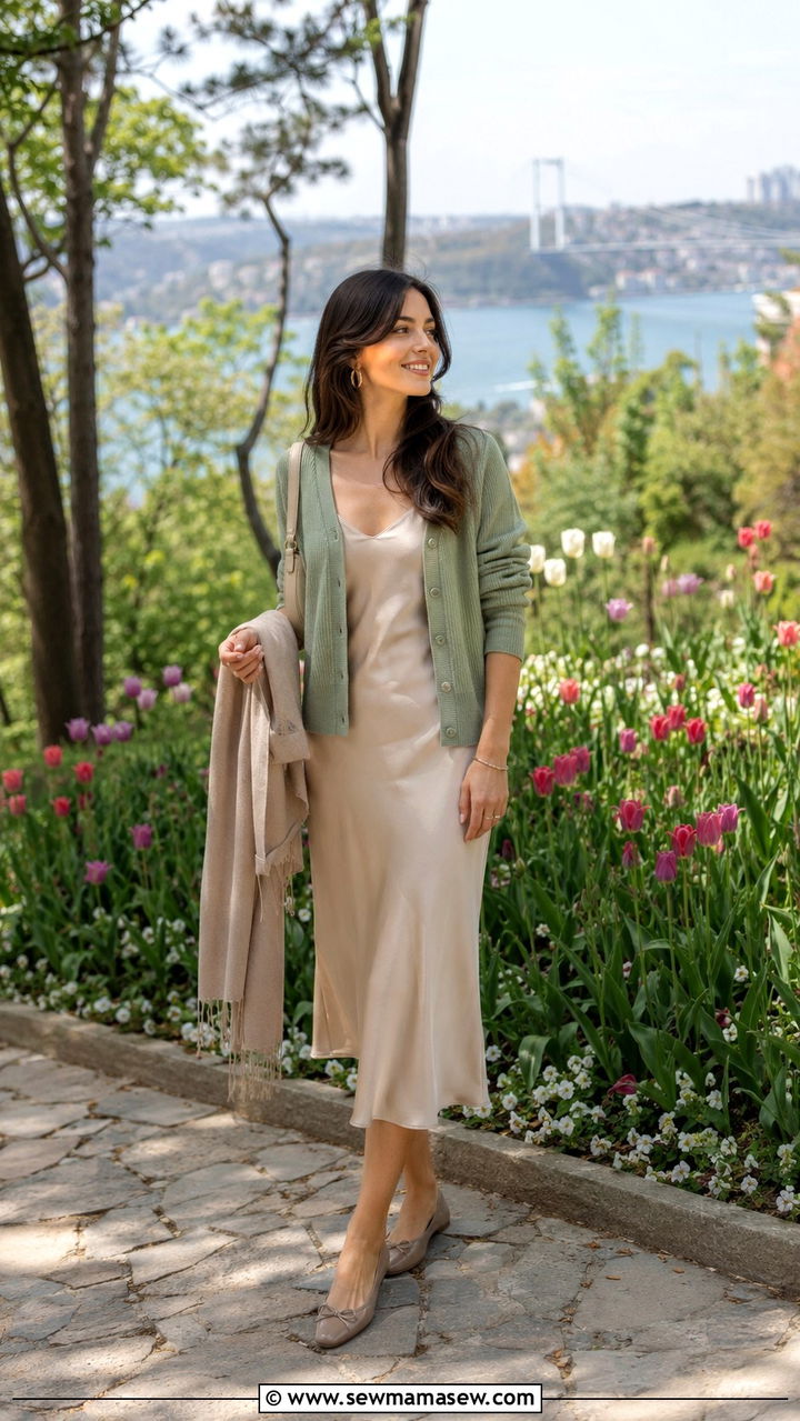 Midi slip dress with cardigan Istanbul spring layering outfit - 30 Istanbul outfit ideas