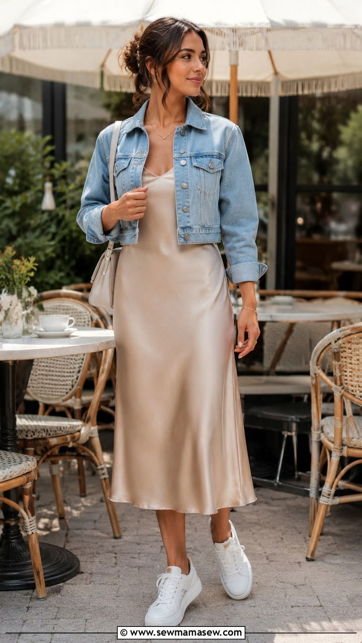 Midi slip dress with denim jacket - 30 Grown woman outfit ideas