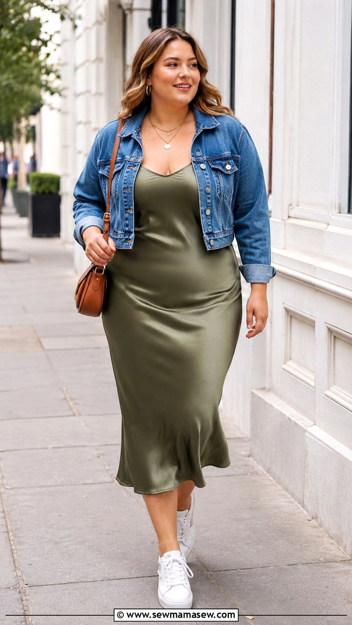 Midi slip dress with denim jacket - 30 Travel outfits for midsize women