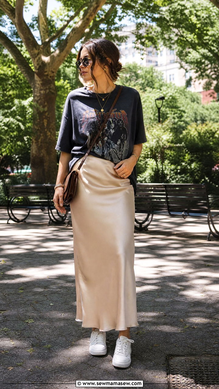 Midi slip skirt and graphic tee park outfit - 25 Spring park outfits